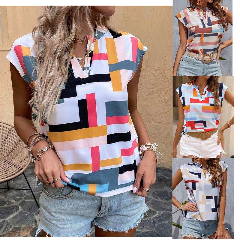 Damenmode, Sommer, Frühling, lässig, geometrischer Druck, ärmellos, V-Ausschnitt, Blusen und Hemden