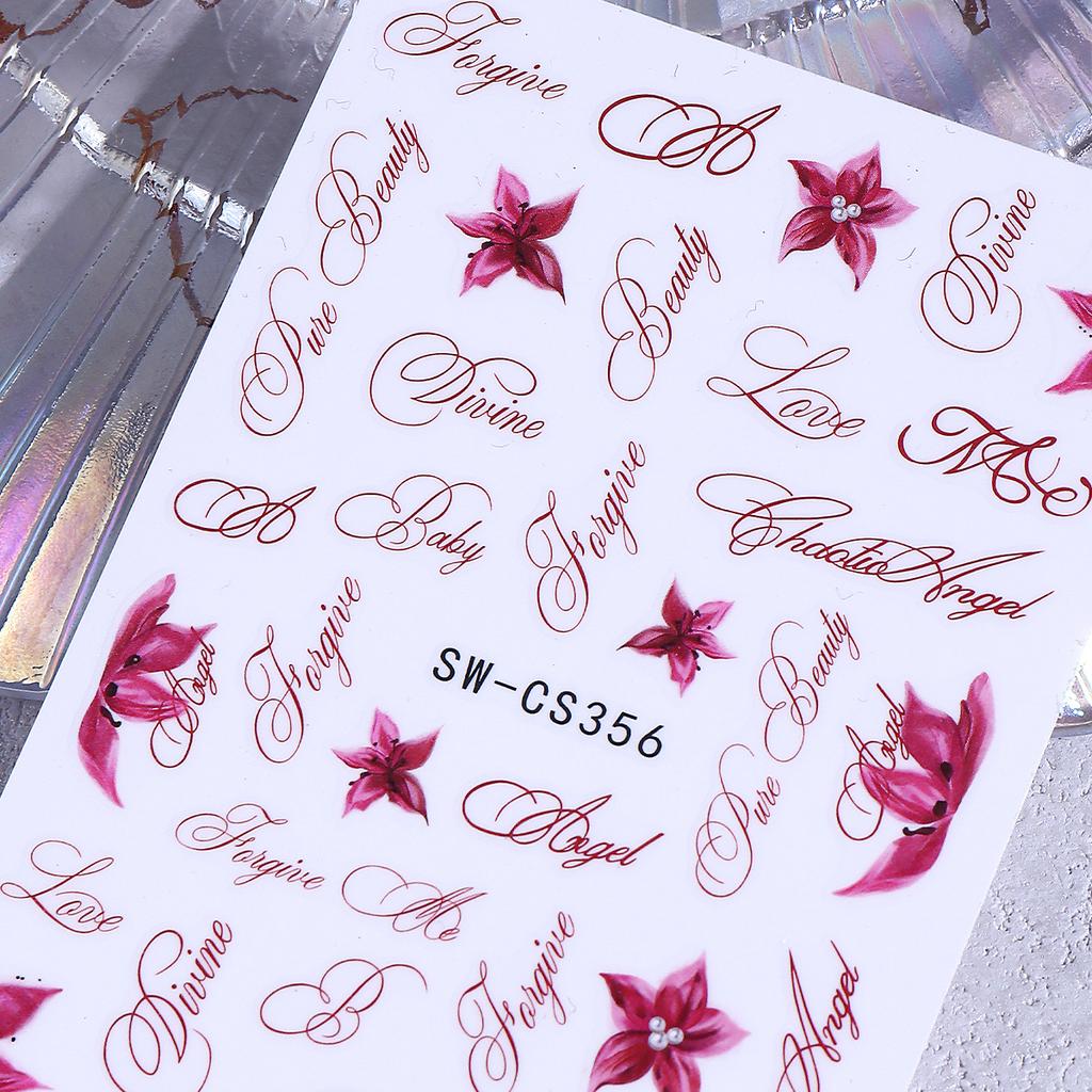 3Pcs Floral Nail Stickers Pink Black Lily Flower Vintage English Letter Nail Art Decals