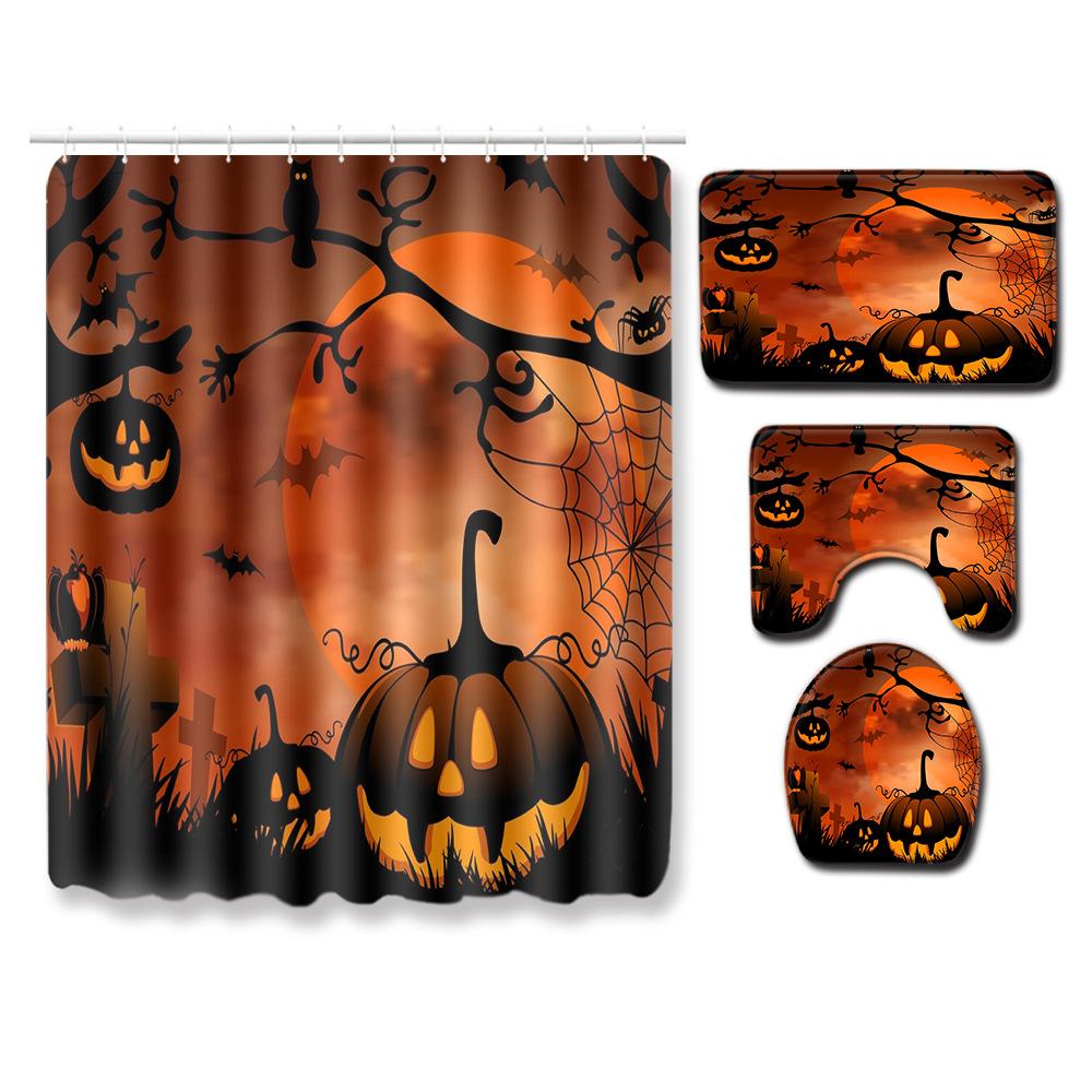 Halloween Bathroom Shower Curtain Floor Mat Combination Four-Piece Set Bathroom Toilet Carpet Door Mat