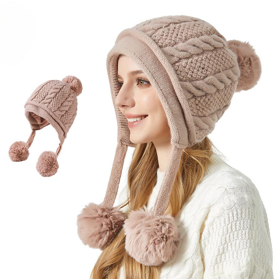 European and American Ladies Winter Thickened Ear Protection Three-pile Rabbit Fur Knitted Hat Outdoor Cycling Face Protection Warm Hat