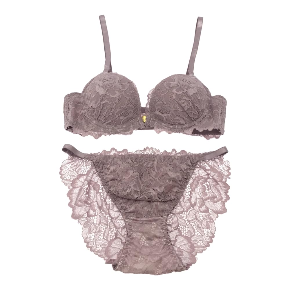 RAVIR Bra and Panty Front Rose Pale C75 Women's Set, Hook, Lace, Lilac, (Panties L)