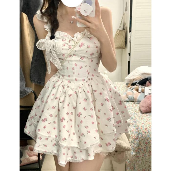 White Floral Suspender Dress Female Summer Hottie Sexy Pure Wind Waist Thin Tutu Skirt Sweet and Spicy Wind Skirt