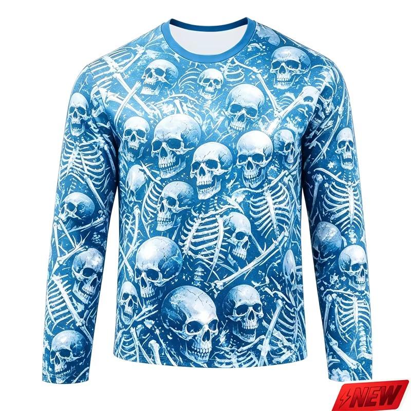 Men Gothic Full Print Skull Skeleton Long Sleeve T Shirt Halloween Punk Print Y2K Hip Hop Family Matching Casual Fitness Tops