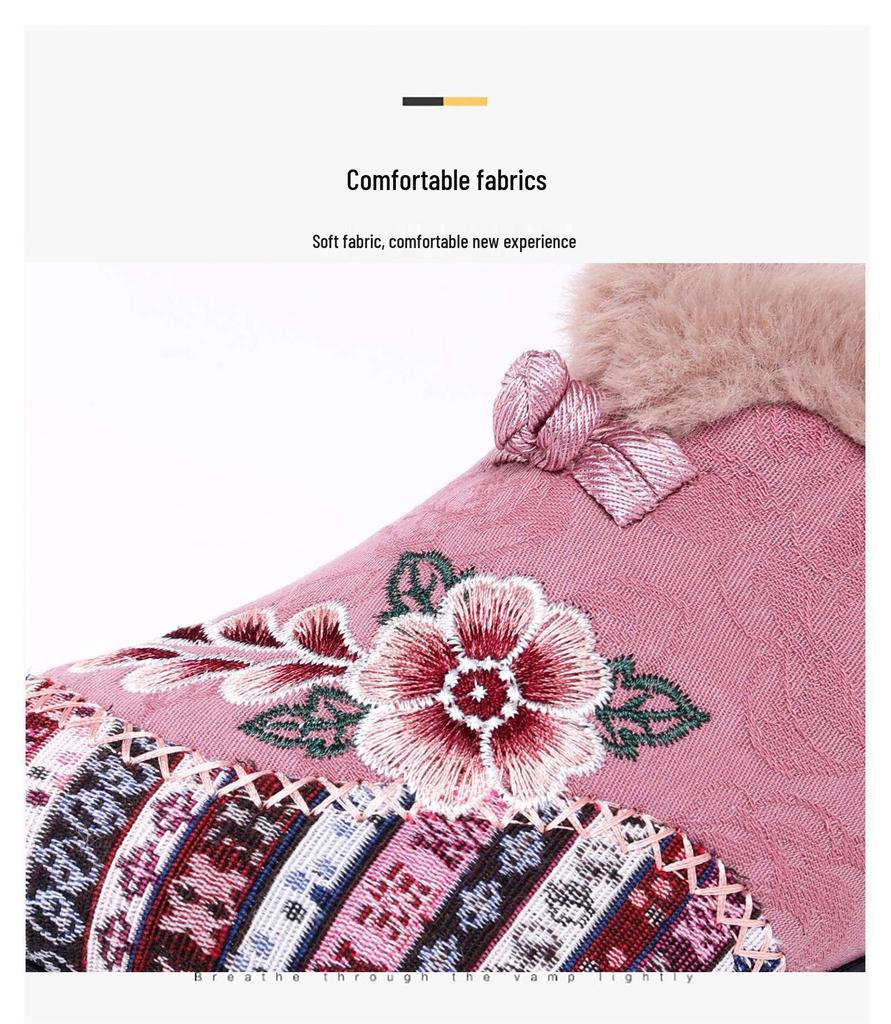 Women's Ethnic Embroidered Hanfu Cotton Shoes - Fleece Lined, Non-Slip, Warm, for Middle-Aged & Elderly.