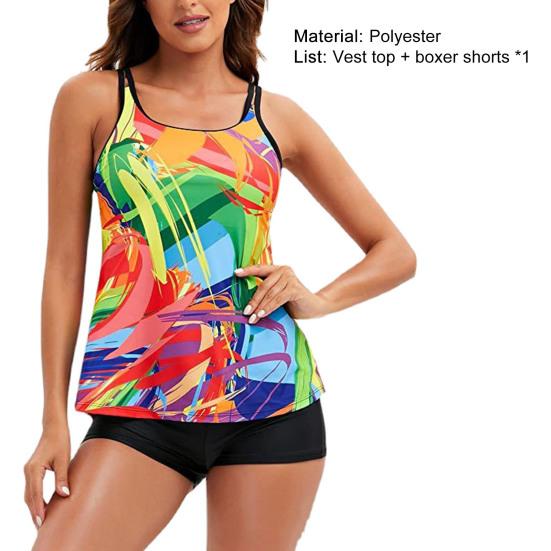 Costume da bagno da donna senza maniche con scollo a U due pezzi top colorato stile gilet controllo pancia