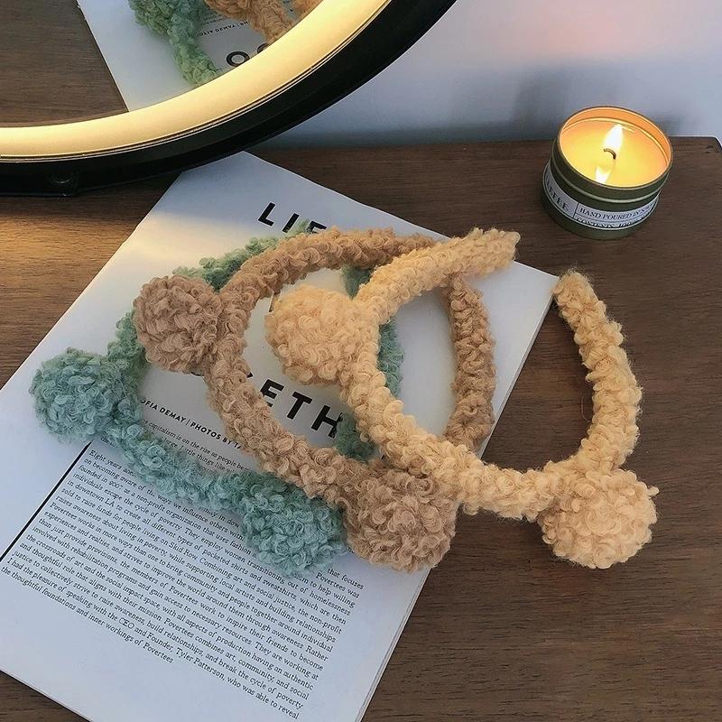 Wool Lamb Hair Band for Women Bear Ears Headband Korean Cute Ins Wide-Brim Candy-Colored Headband Female Hair Accessories