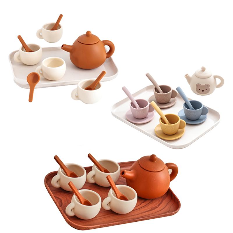 Montessori Afternoon Tea Set Baby Teething Toy Kids Simulated Kitchen Silicone Teapot Teacups Infant Early Education Toy Gift