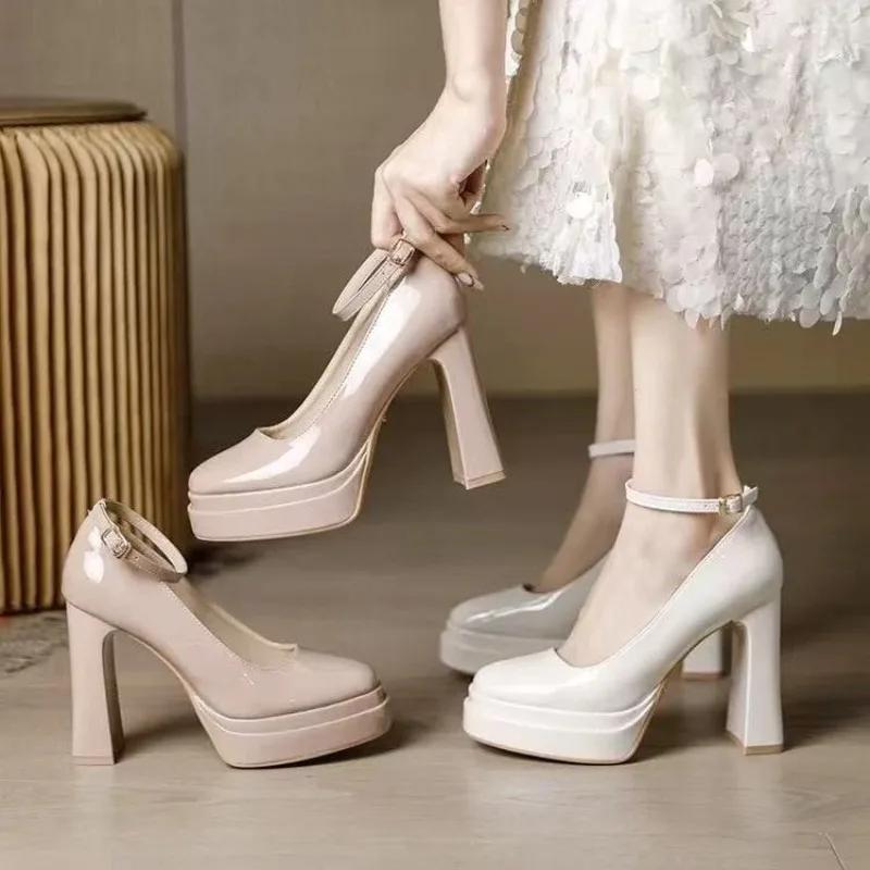 Fashion New Summer Buckle Banquet Shoes Women's Square Toe Shallow Mouth Platform Non-slip Super High Heel Single Shoes