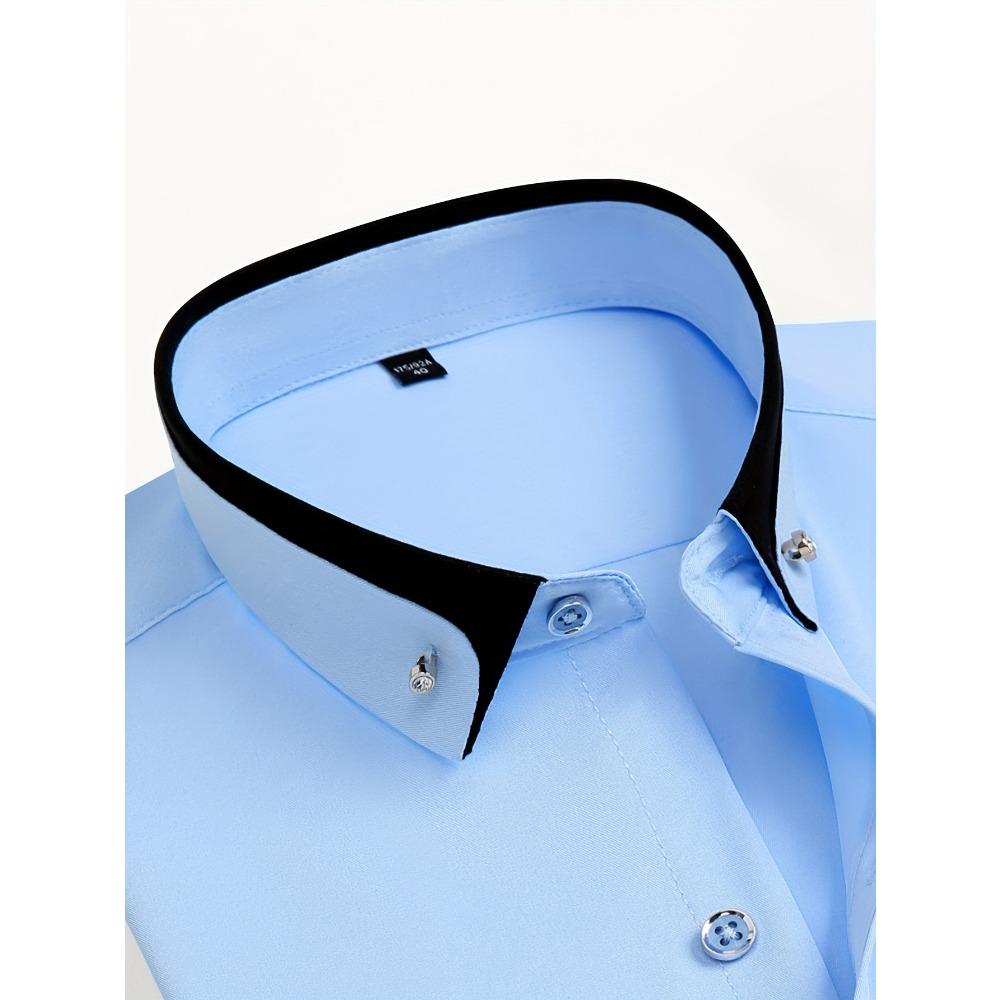 Men's Color-Block Collar Long Sleeve Dress Shirt with Crystal Buttons, Lapel Collar, Fashionable Business Casual Cardigan, Wrinkle-Free Stretch Shirt