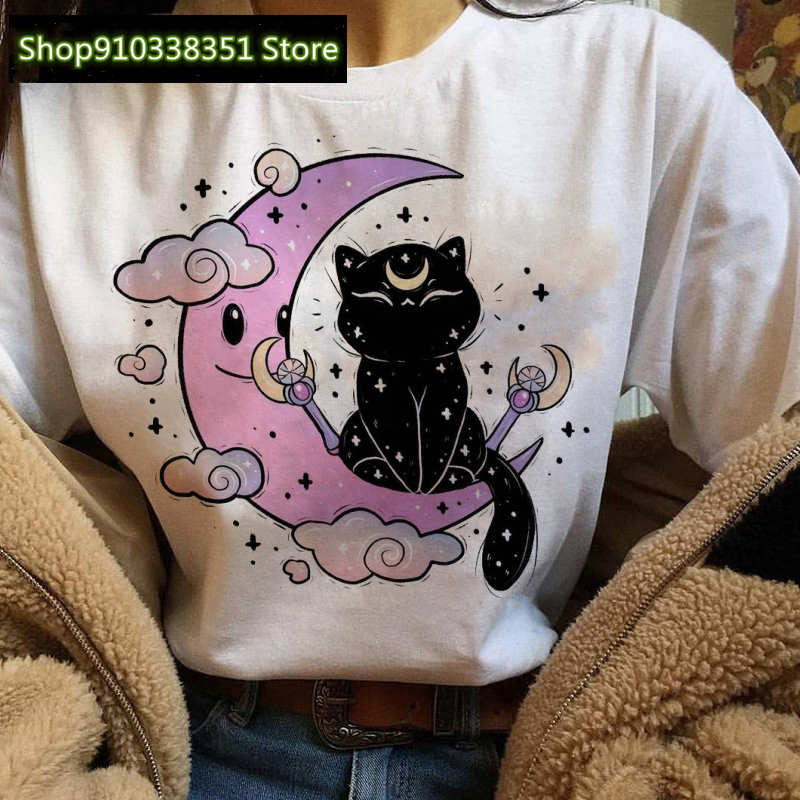 

Модна футболка з принтом «Привиди котів» Жіночий святковий жіночий одяг Футболка з мультфільмом Пастельні готичні футболки Жіноча літня смішна футболка XL