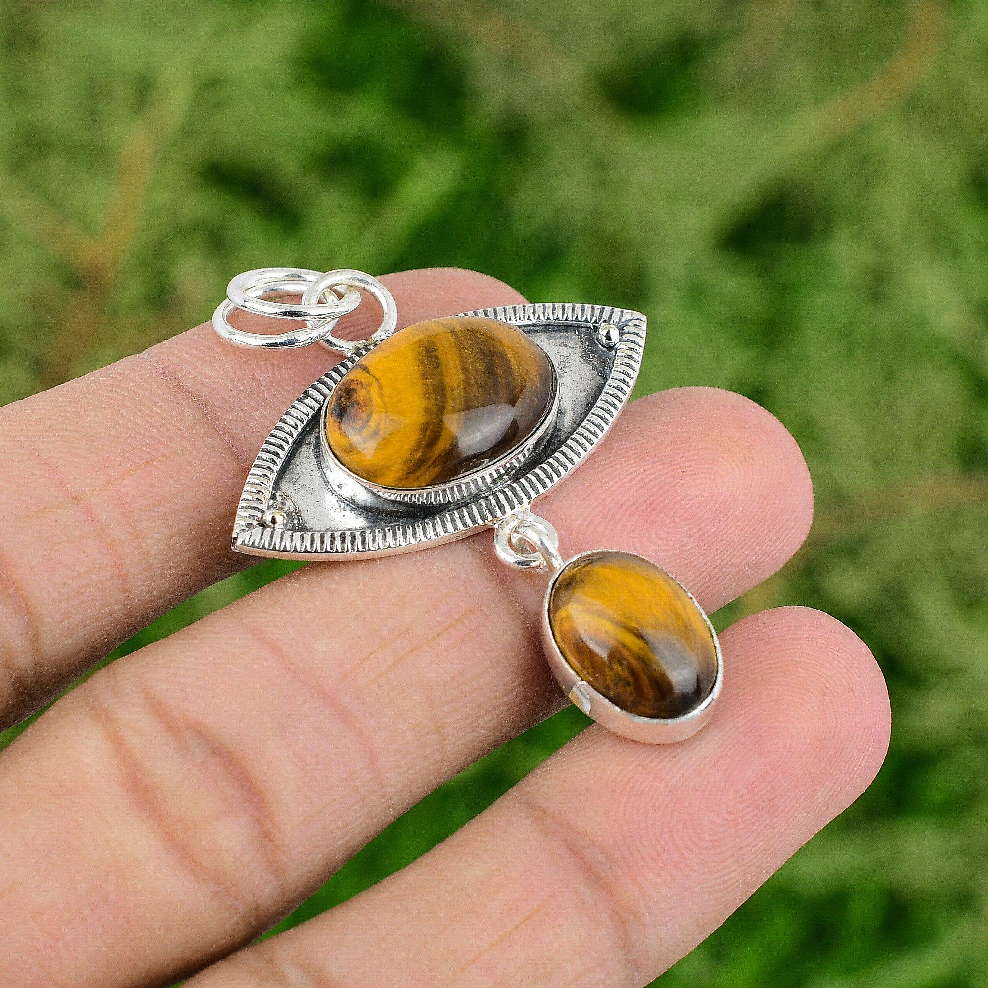 

Mothers day Deal Oval Tigers Eye Gemstone Bezel Daughter New Pendant 925 Silver