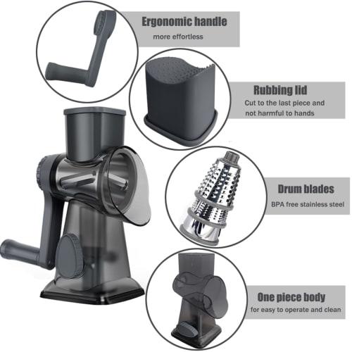 Rotating Cheese Grater/Shredder with Handle, Handheld Round Mandolin, Vegetable Slicer, Carrot Shredder, Nut Grinder with 3 Replaceable Stainless Stee