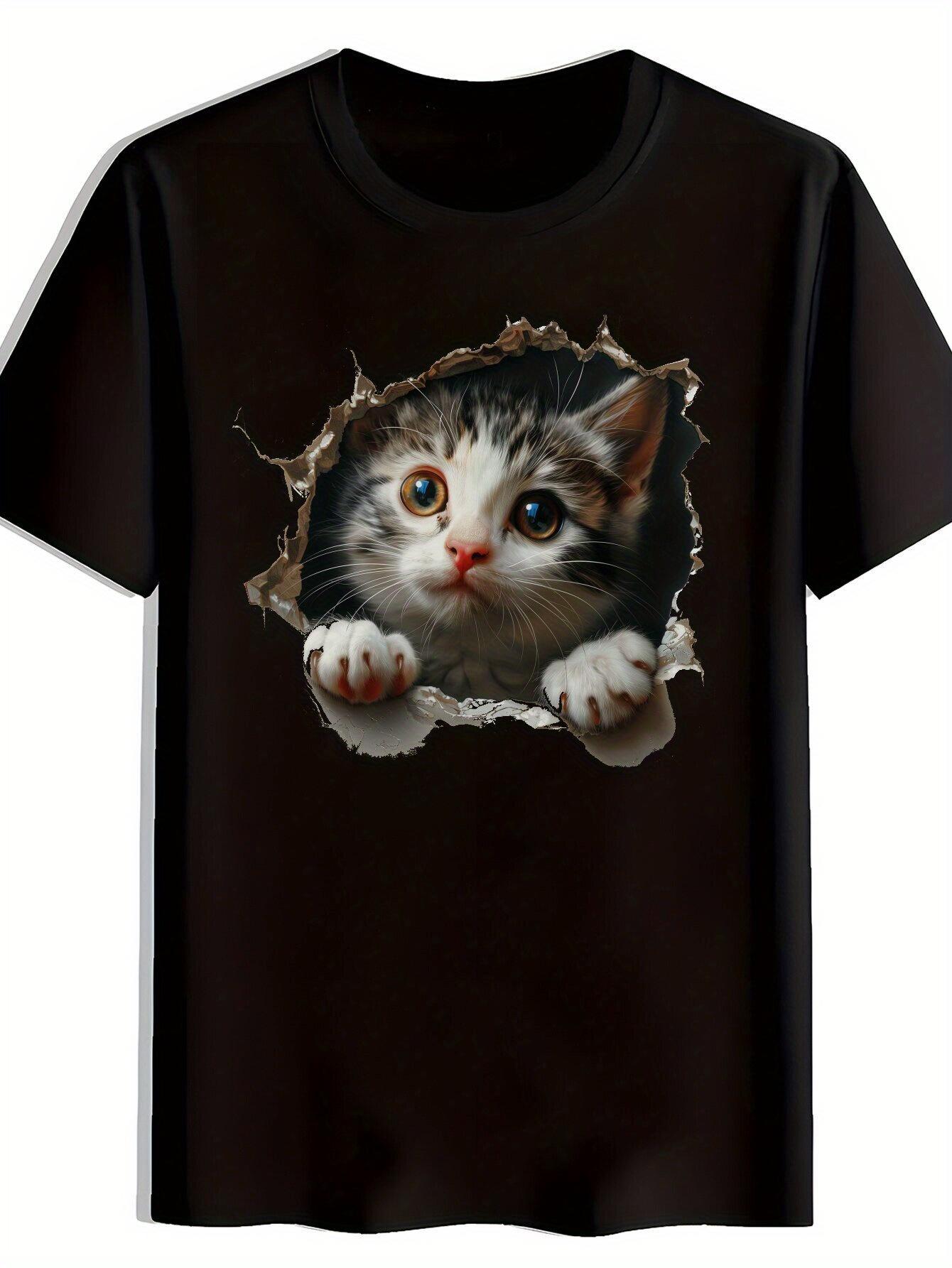 

Black Short Sleeve T-shirt with Fun 3D Cat Print – Casual Crew Neck Polyester Tee for Summer M