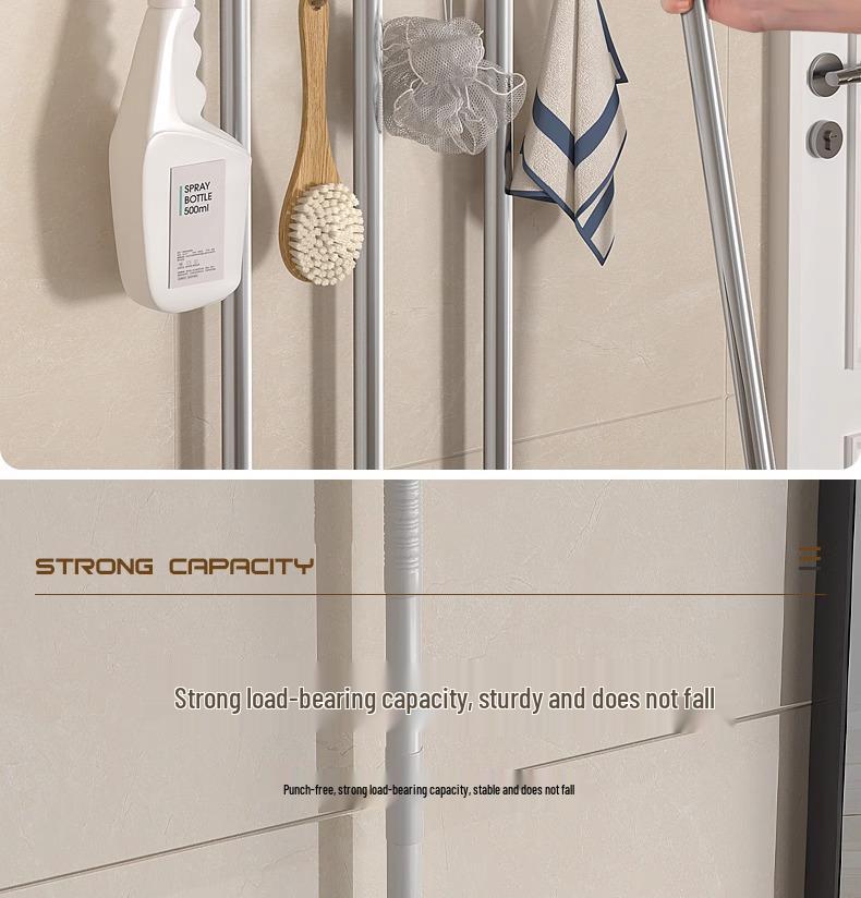 Wieszak ścienny na miotłę i mop: Rozwiązanie do zawieszania bez wiercenia na drzwiach łazienkowych lub toaletowych.