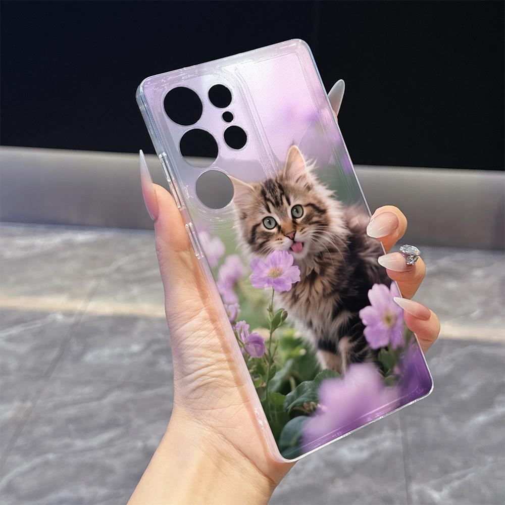 Tabby Kitten with Purple Flower Phone Case for Samsung Galaxy S26 S25 S24 S23 S22 S21 S20 FE Plus Lucency TPU Protection Cover