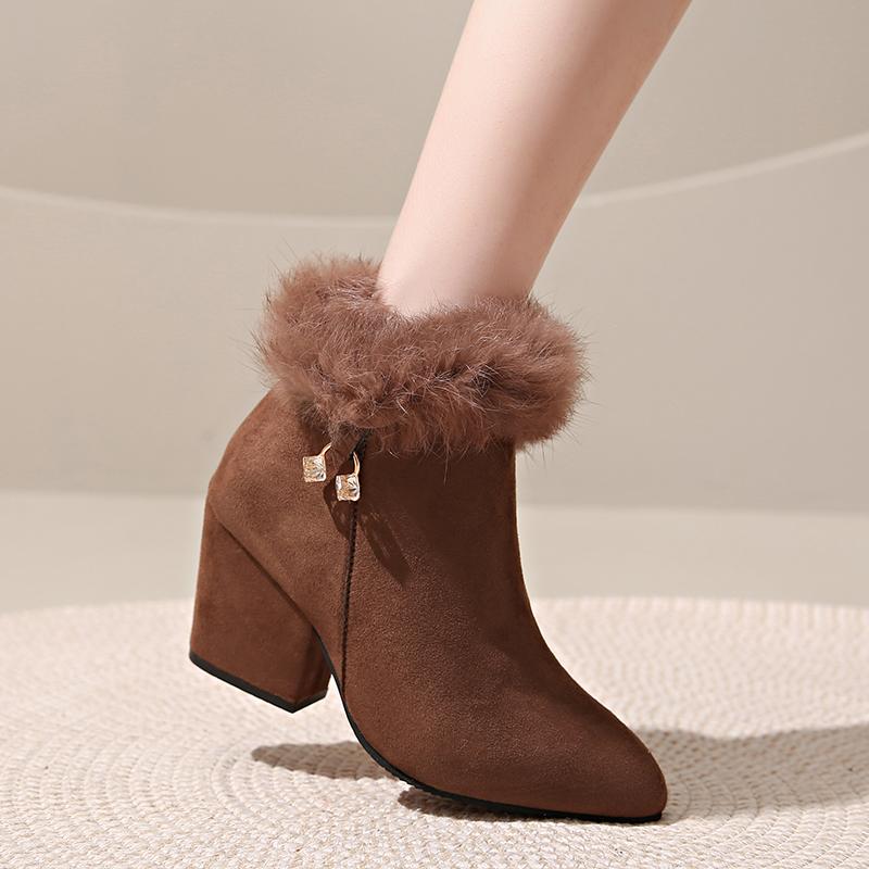 Fashion Women Fur Winter Warm Pointed Ankle Boots 2024 New Luxury Rhinestone Decoration Zipper Women Boots Comfortable Female Shoes