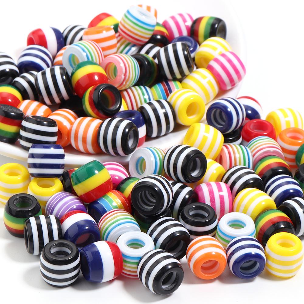 50pcs/lot Barrel Shape Rainbow Striped Resin Beads Big Hole Spacer Beads DIY Bracelet Necklace Jewelry Making Accessories
