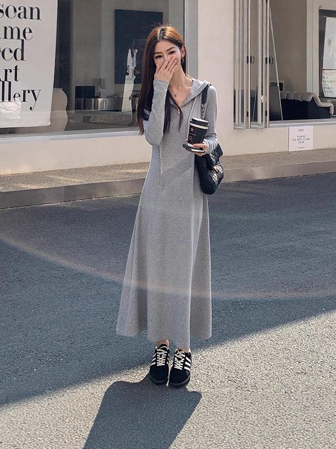 Women's French Chic Gray Hooded Knit Dress - Autumn/Winter Slimming Sweater Long Skirt