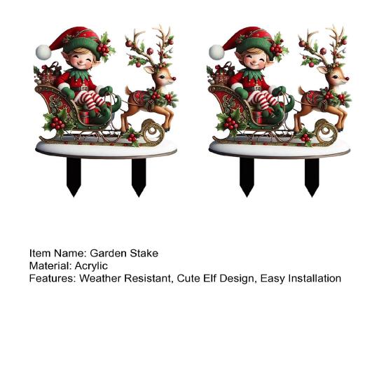 Waterproof Garden Inserts Christmas Elf Stake, Reindeer Sleigh Acrylic Yard Art Ornaments Xmas Outdoor Ornament for Holiday Lawn Flower Bed Decoration