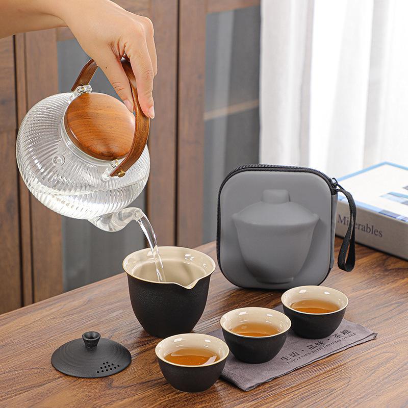Conjunto de chá de viagem Copo Kuaike, um bule, três xícaras, tigela de cobertura portátil, conjunto pequeno, conjunto kung fu para exterior, presente de chá
