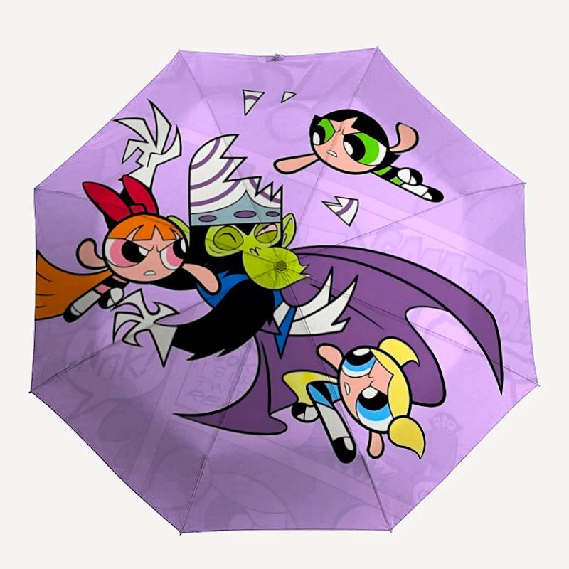Powerpuff Girls Battle Automatic Cute Umbrella - Foldable with 8 Iron Ribs, Portable for Outdoor, Gift, Outdoor Umbrell, Playful Accessory,