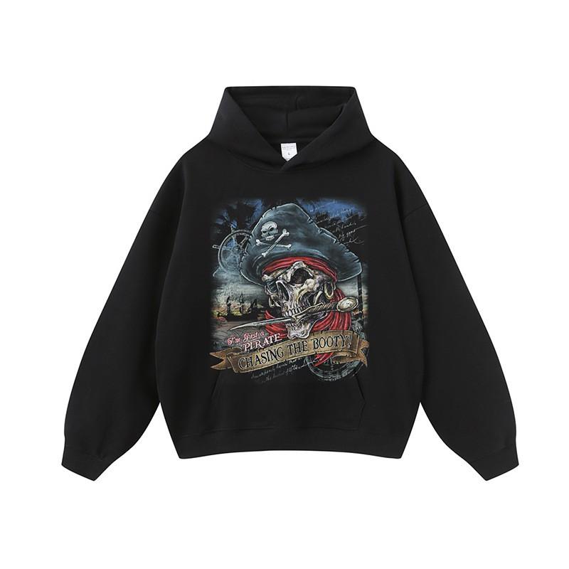 Vintage Hip Hop Skull Print Oversized Hoodie Mens Cotton Streetwear Sweatshirt Winter Casual