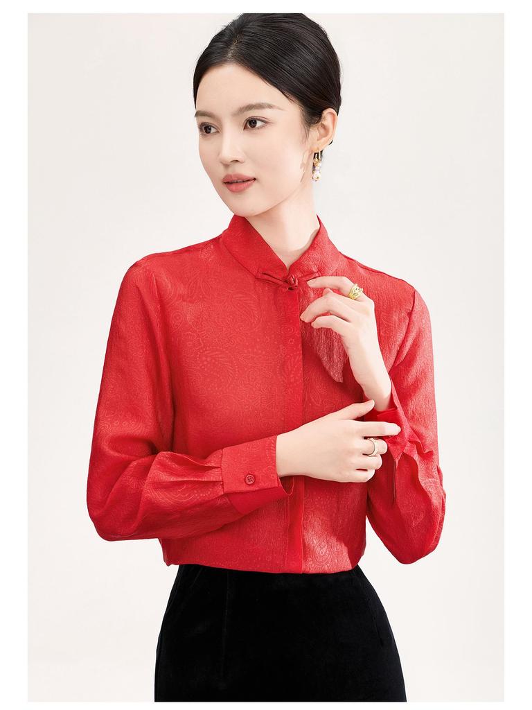 High-End Women's Silk Jacquard Frog Button Zen Shirt - Chinese Style Tea Ceremony Top for Spring