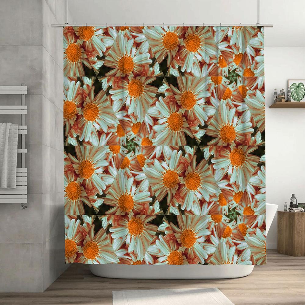 Floral Print Shower Curtain Waterproof Fabric Bathroom Decor For Home Decoration White Orange Flowers Pattern, Size180X240Cm (70