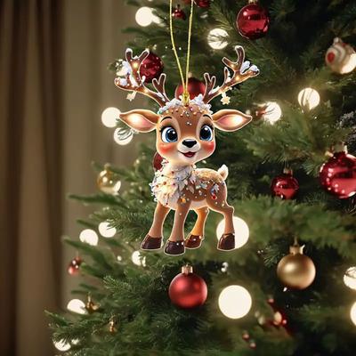 Christmas Ornaments Cartoon Elk Xmas Tree Hanging Decoration 2D Flat Acrylic