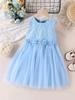 Girls Summer Dress 4-7 Years Blue Lace Sleeveless Round Neck with  Flower