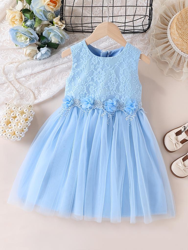 Girls Summer Dress 4-7 Years Blue Lace Sleeveless Round Neck with  Flower
