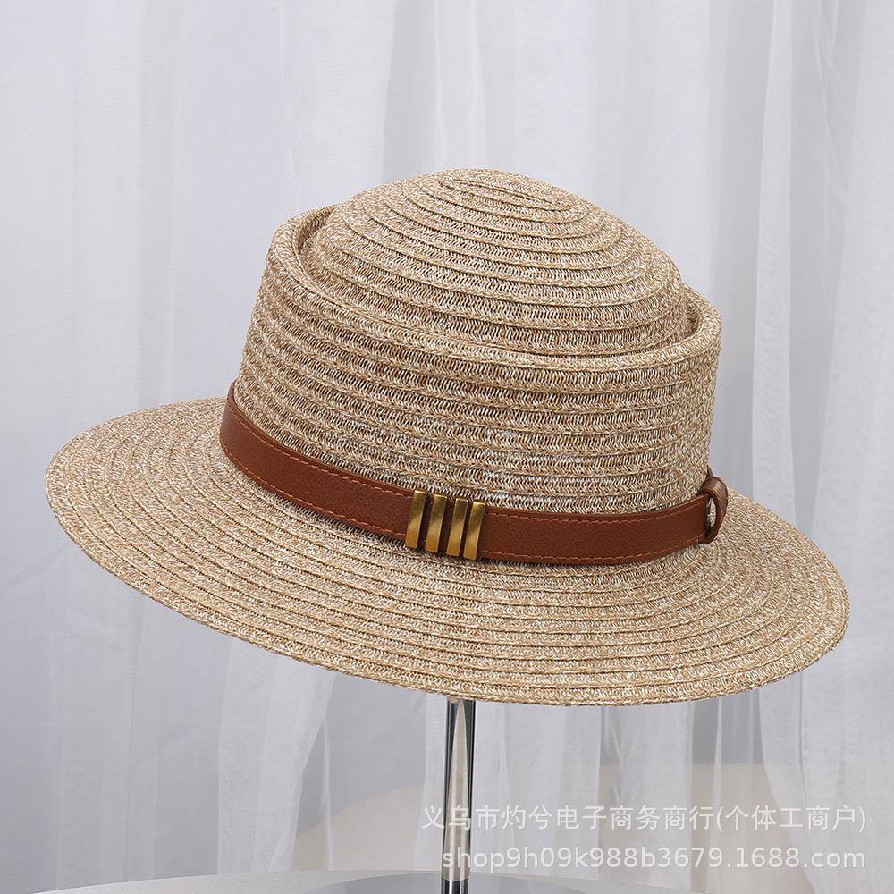Hepburn Style Flat Top Straw Hat Women's New Sunscreen Sun Hat British Style Straw Woven Flat Edge Hat Summer Sunshade Hat