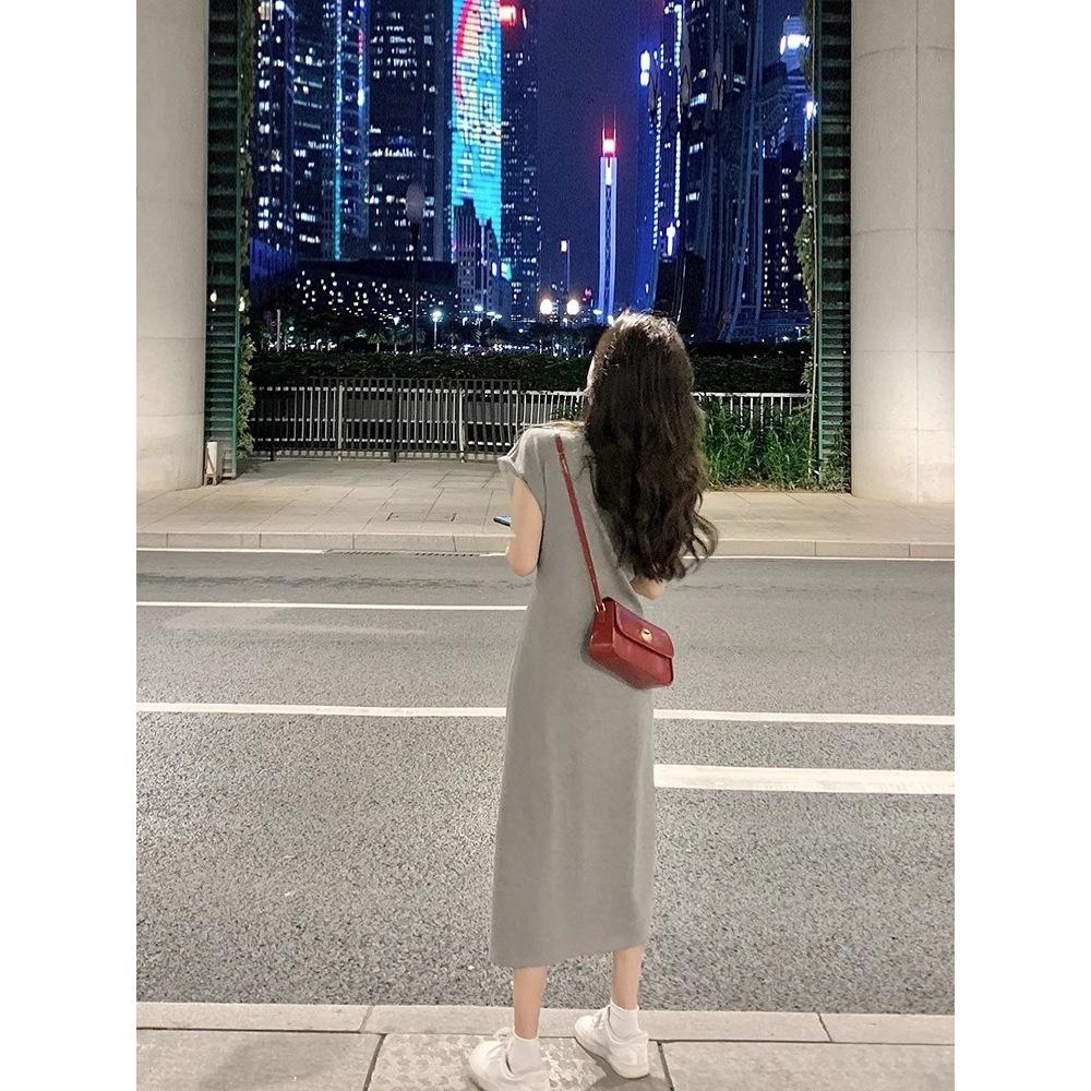 New Thin Niche Design Gray Casual T-shirt Dress Summer Women's Split-ended Long Dress