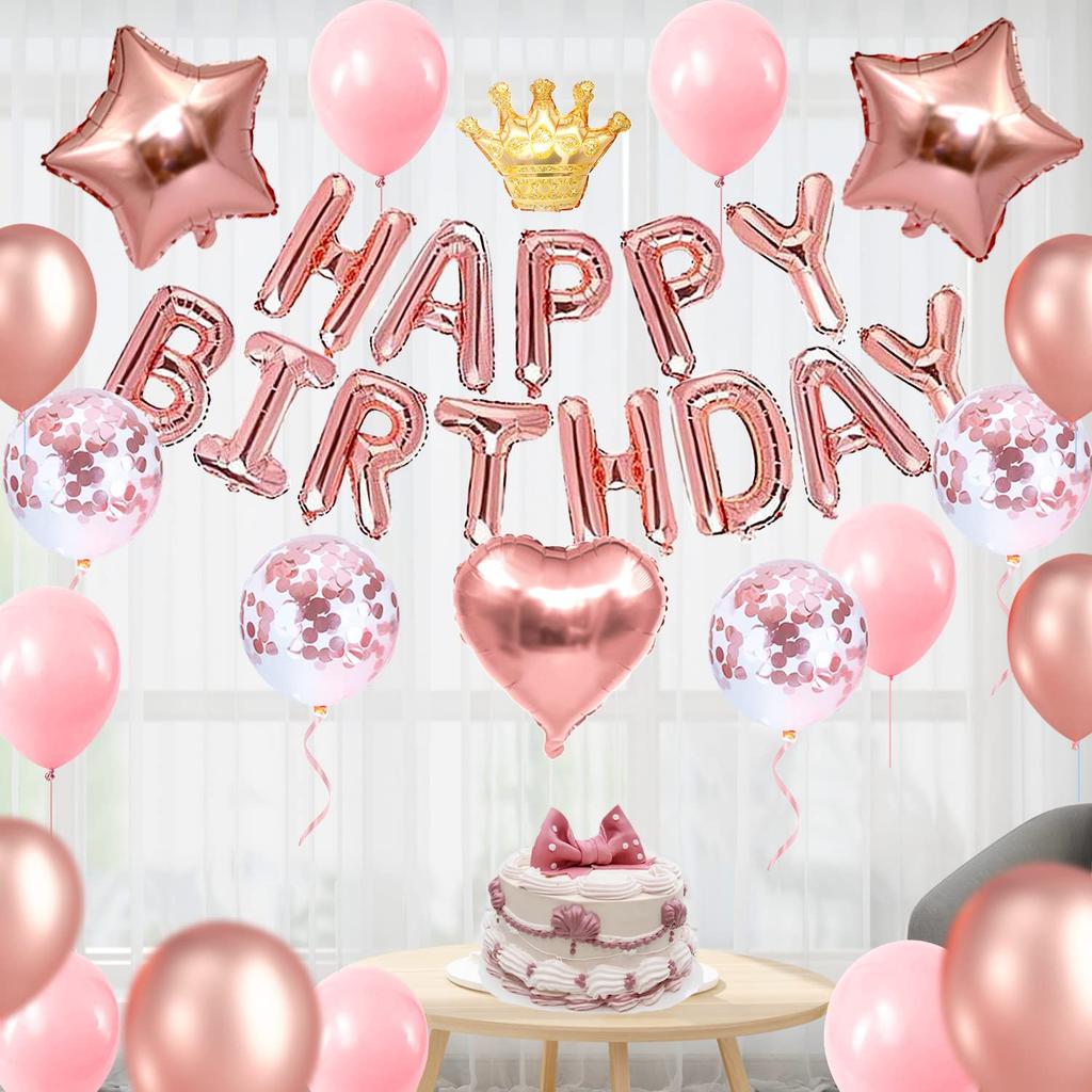 Iysoll Birthday Balloon Decoration Set Happy Birthday Garland Confetti Balloons Double-sided Tape Ribbon Pink Rose Gold