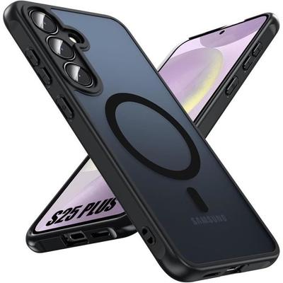 Etui do Samsung Galaxy S25 Plus (Galaxy S25+) z pierścieniem magnetycznym i ochroną kamery - wstrząsoodporny półprzezroczysty czarny