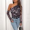 YYFS Women's Fashion Casual Leopard Print Spring Fall Long Sleeve Oblique Collar Bodysuits