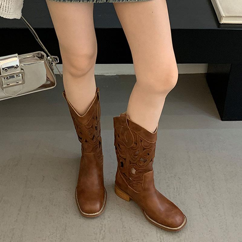Vintage Embroidered Western Cowboy Boots Summer Women's Boots Thick Heel Short Boots Hollow Mid Boots Women's Shoes