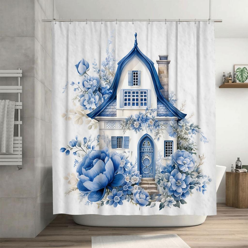 Blue Floral House Shower Curtain For Bathroom - Waterproof And Durable With Elegant Design Suitable For Wet And Dry Separation