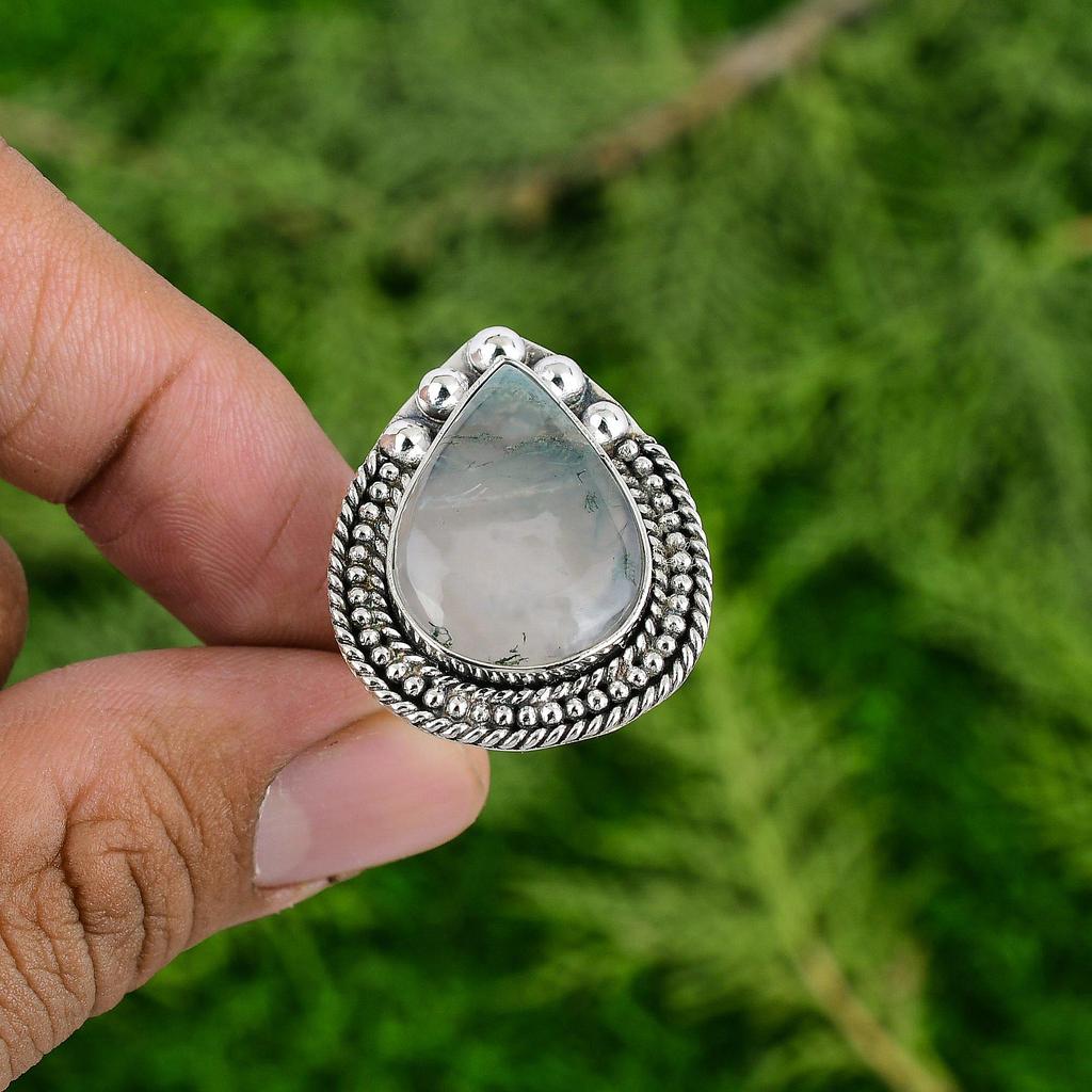 Thanks Giving Day Deal Pear Solar Moss Agate Stone Sterling Silver Art Deco Ring