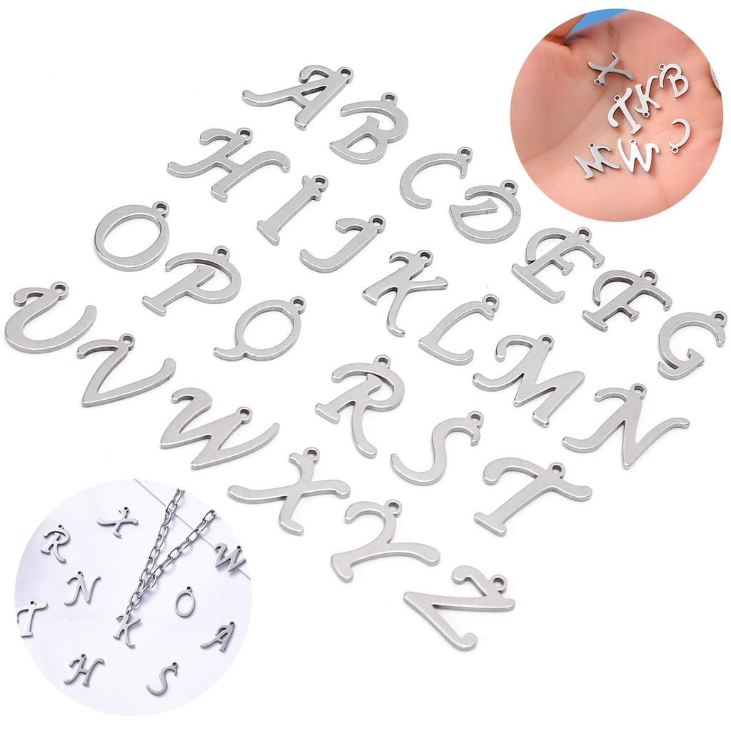 26Pcs DIY Letter Pendant HandMade Necklace Bracelets Jewelry Crafts Accessories(Stainless Steel Color 26Pcs Bag )
