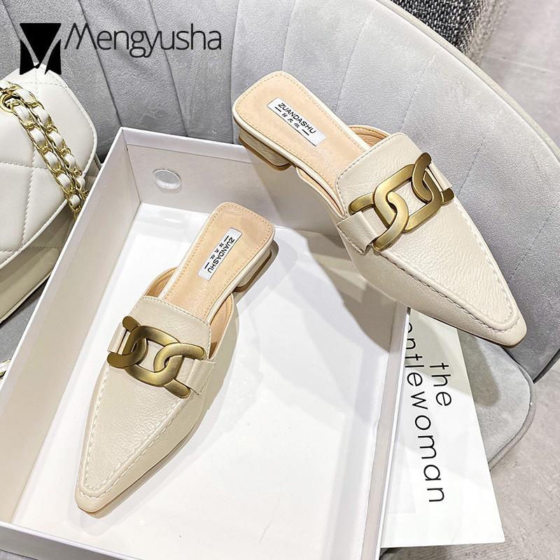 Fashion Plus Size 41/42 Women Metal Chain Slippers Square Low Heels Mules Ladies Sewing Shoes Summer Closed Pointed Toe Slides Sandalias