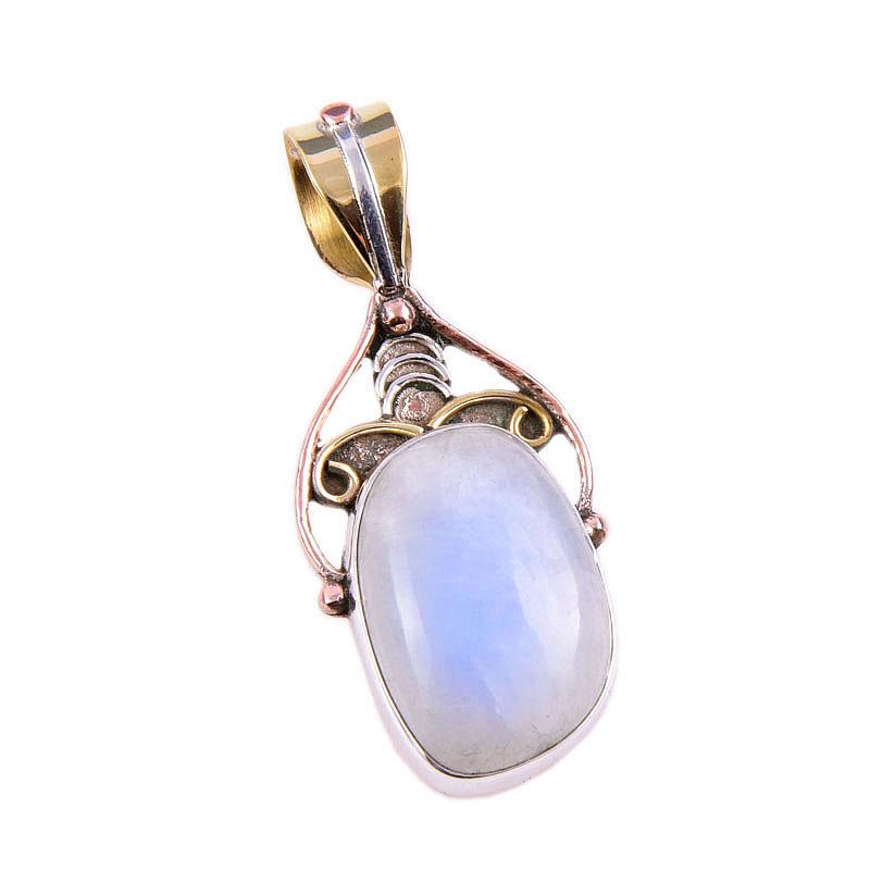 Natural Rainbow Moonstone Gemstone 925 Solid Silver Two Tone Pendant 1.5" N8L30