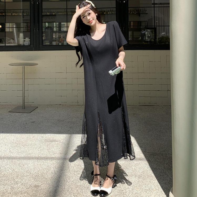 

Vintage Lace Spliced Summer Dress Plus Size Women Casual Black Basic Long Loose Dress L чёрный