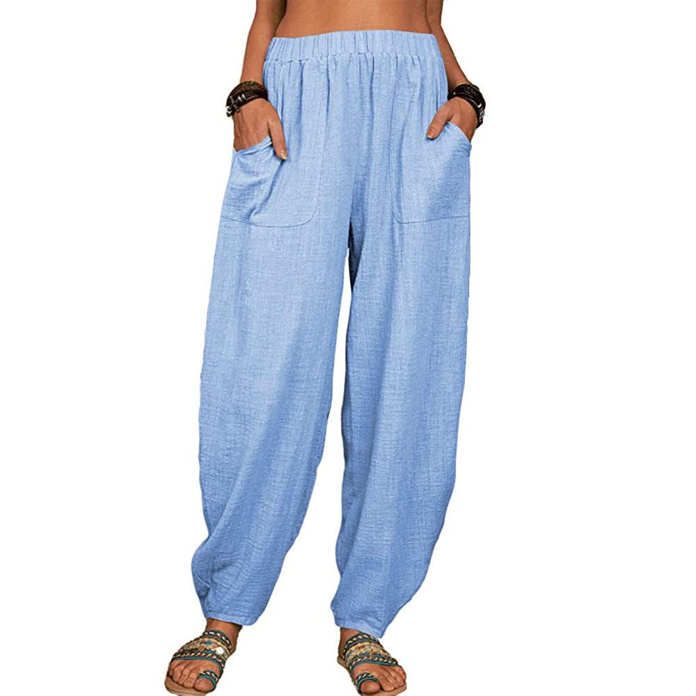 Women's High Waist Harem Pants Loose Fit Trousers Solid Cotton Casual Spring Elastic Waist Long Jogger Pants