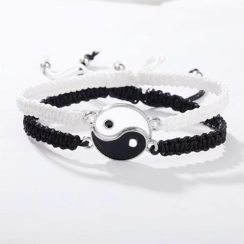 1 set of 2 Tai Chi Bagua black and white yin-yang rope woven telescopic adjustable bracelets, suitable for male and female coupl