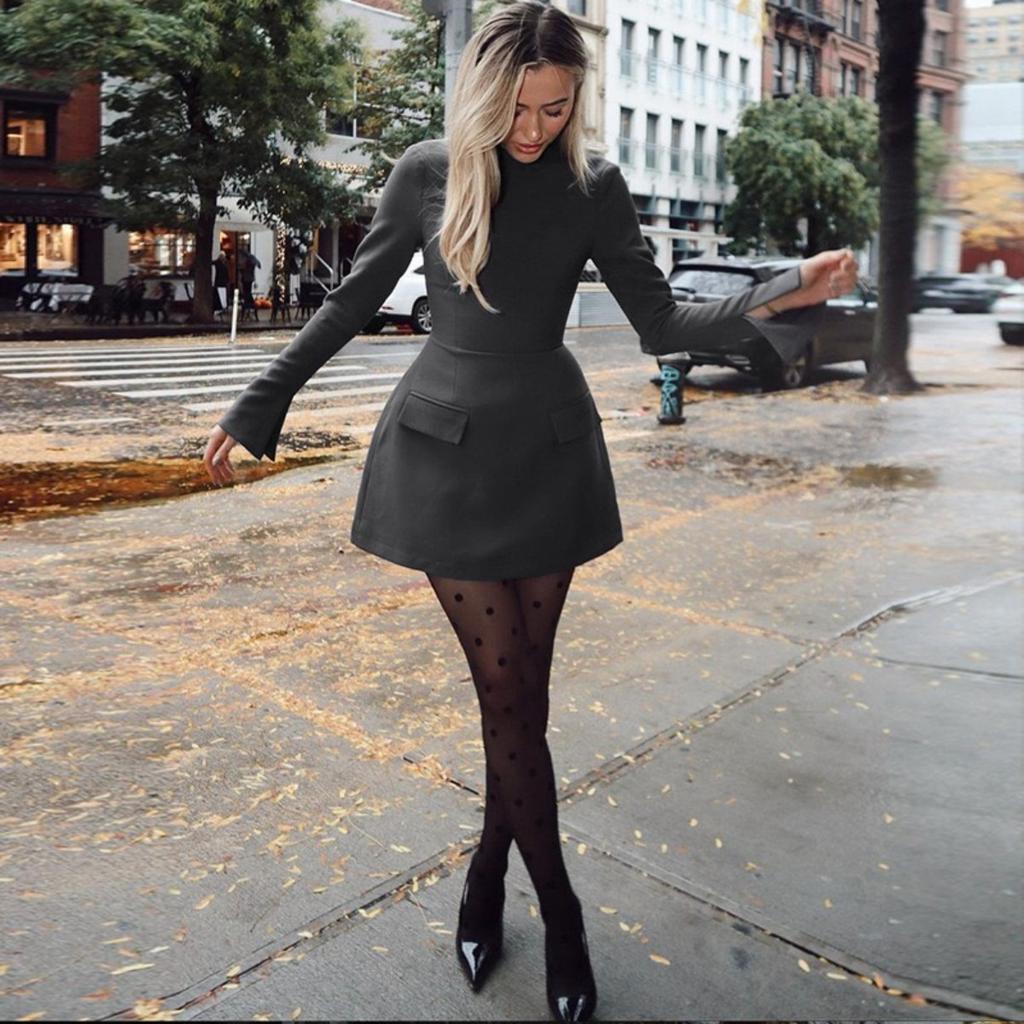 LYRIA Langermet Glidelås Bodycon Mini Kjole Med Lomme Ensfarget Elegant Antrekk Kontor Streetwear Dame Høst Vinter Klær