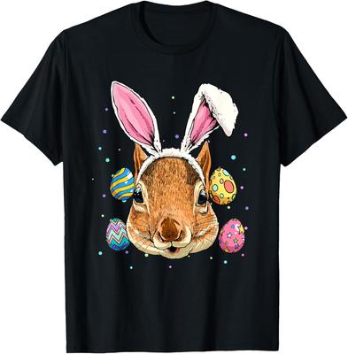 Easter Squirrel Bunny Ears Graphic Tee Men Casual Cotton Short Sleeve T-Shirt