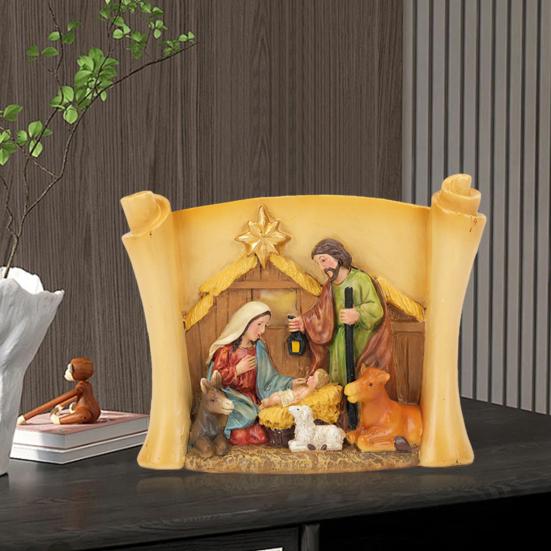 Christmas Manger Shed Statue Religious Nativity Scene Resin Stable Creche Figurine for Xmas Tabletop Decoration