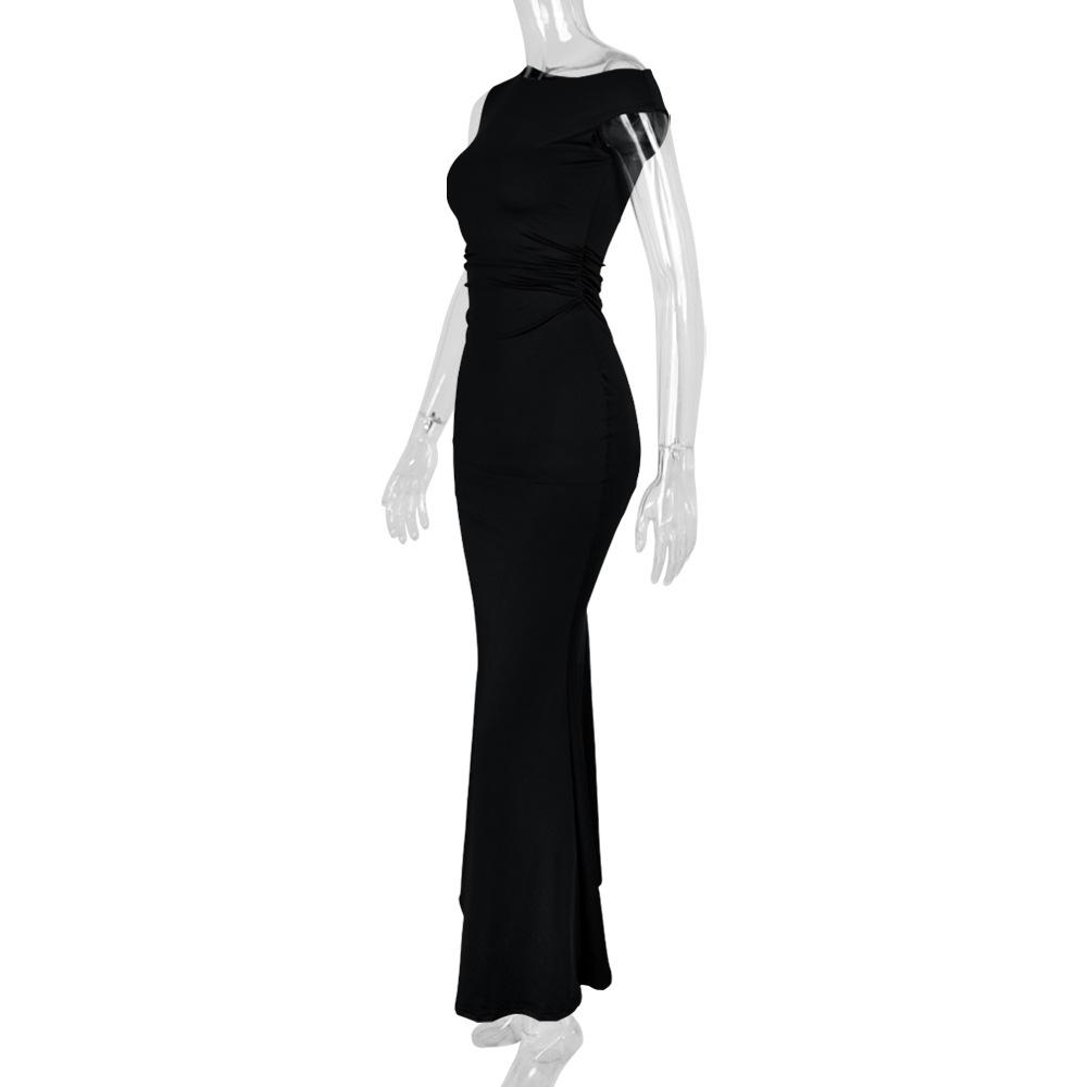 European and American Women's Fishtail Skirt with Sloping Shoulder Collar and Sleeveless Sexy Dress