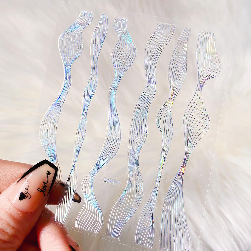Simple Wind Wavy Lines Bronzing Nail Stickers, Black And White Gold And Silver Striped Nail Decorative Accessories